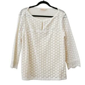 Tory Burch Elie Embroidered Eyelet Top XL Cream Crochet Cotton Linen 3/4 Sleeve